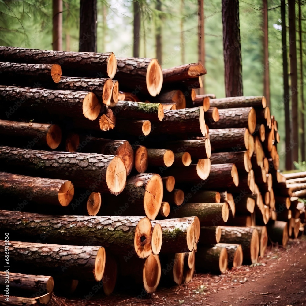 Piles of wood log in forest after timber cutting