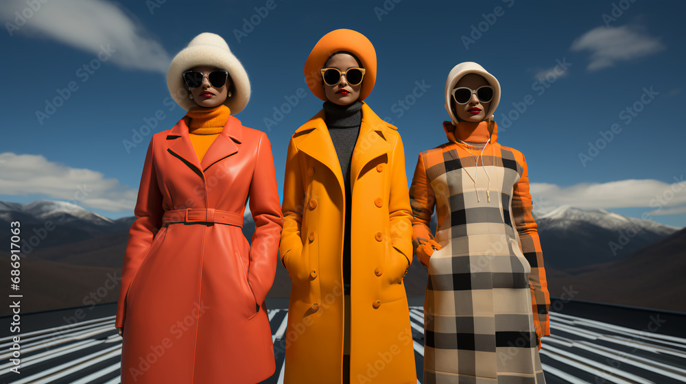 Young women dressed in warm winter clothes at ski resort - fashion - style - blue skies - low angle shot - vacation - holiday - getaway - cold - trip - travel 