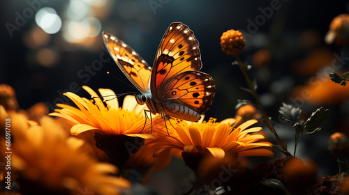 A butterfly and yellow flowers. Generative AI. 