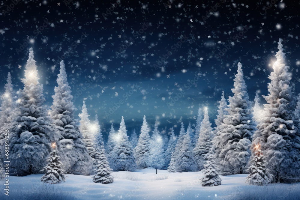 Winter Wonderland with Illuminated Christmas Trees and Snow
