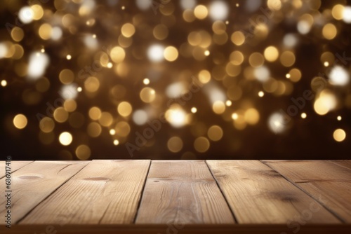Wooden Tabletop with Soft Christmas Light Background