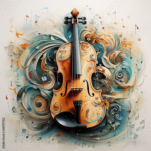 Painting illustration of a violin surrounded by musical notes. photo