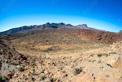 Desert landscape from Las Canadas caldera of Teide volcano. Mirador (viewpoint) Minas de San Jose Sur. Tenerife. Canary Islands. Spain.