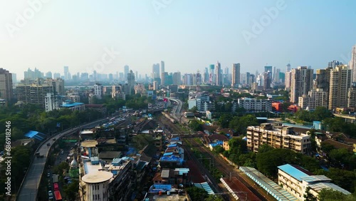 Chhatrapati Shivaji Maharaj Terminus and Brihanmumbai Municipal Corporation Head office Mumbai city evening and night aerial view  photo