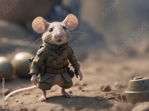 Raton vestido como soldado militar en una guerra 