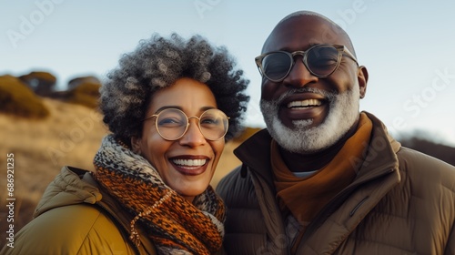 Portrait Mature African American old handsome and beauty couple travel outdoor