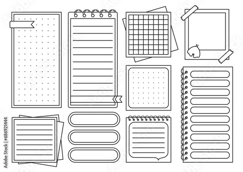 Notepaper page, bookmark and sticker outline set. Stationery elements for planning. Weekly daily blank planner, note checklist paper, sticky template page collection. Isolated vector illustration