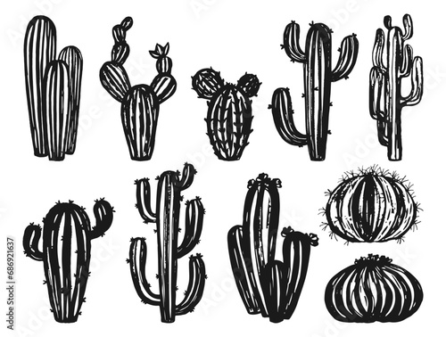 Cactus plants ink stamp set. Trendy exotic silhouette succulent collection isolated. Scrapbook engraving botanical desert cacti. Western grungy paint shape cactus etching design vector illustration