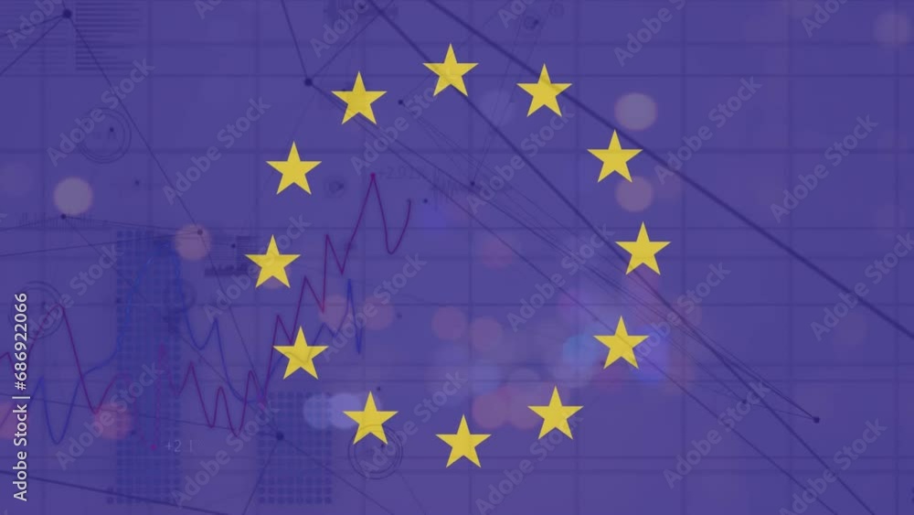 Animation of spinning circles on eu flag and statistical data processing against night city traffic Animation of spinning circles on eu flag and statistical data processing against night city traffic