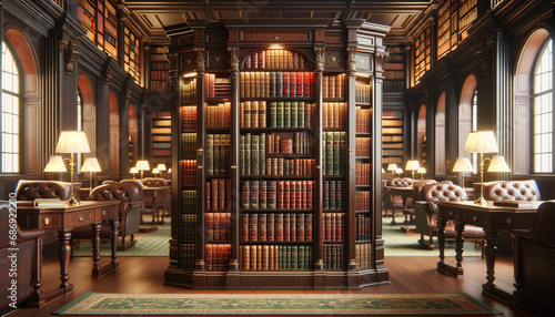 A bookcase filled with books  standing in a library. Ai generative