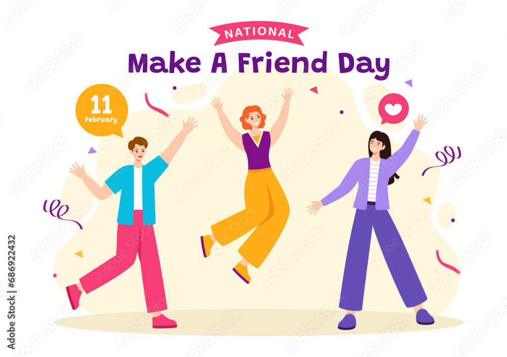 National Make a Friend Day Vector Illustration Observed on February 11th to Meet Someone and a New Friendship in Flat Cartoon Background Design