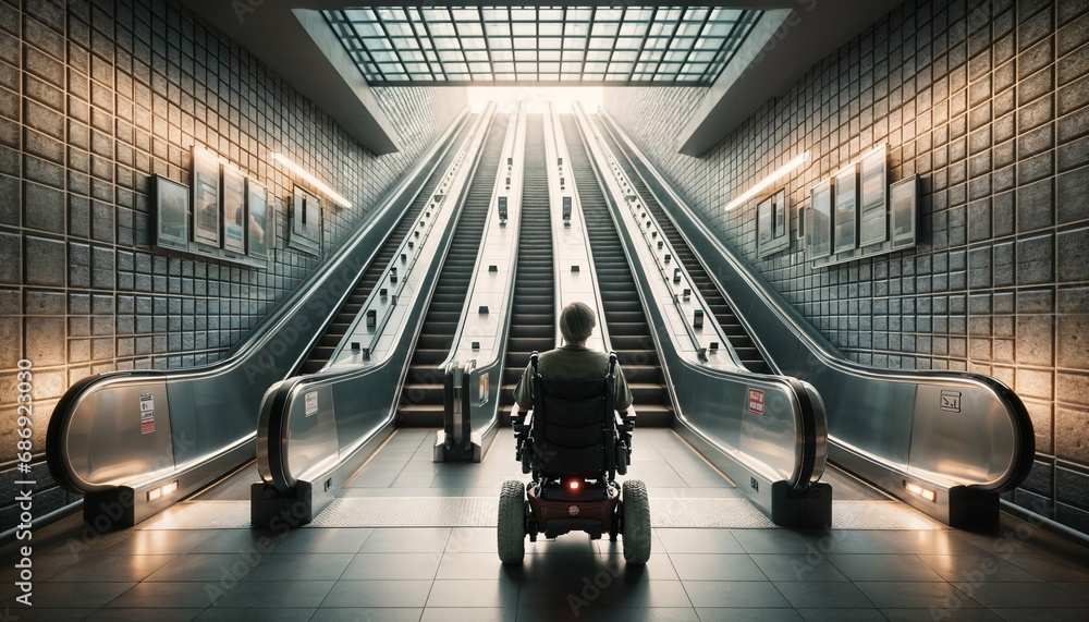 Raising awareness for architectural barriers - man in wheelchair stopped at staircase, disability and accessibility issues - obrazy, fototapety, plakaty 