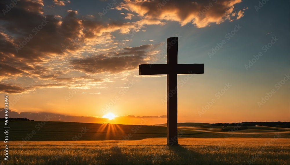 Silhouette of Christian cross on grass at sunrise - spiritual, serene scene