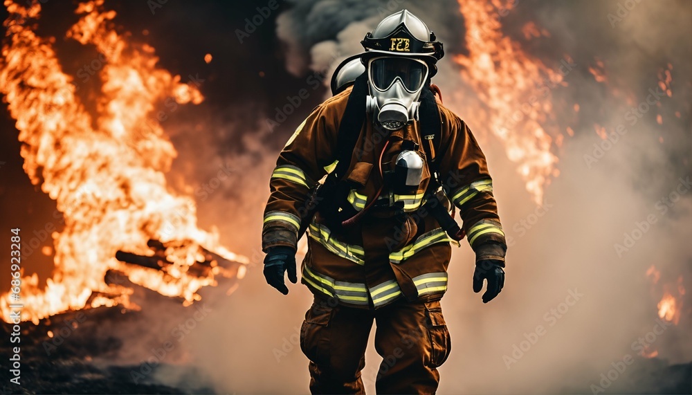 Fototapeta premium Firefighter in danger situation - emergency scene with fire, wearing safety suit