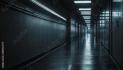 Sci-fi thriller mood in mysterious corridor - fluorescent lights  eerie atmosphere  futuristic passage  industrial look  dark shadows