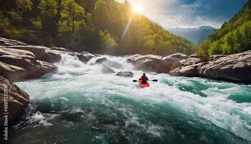 Whitewater kayaking down a rapid river in the mountains - adventurous, fast-paced water sport
