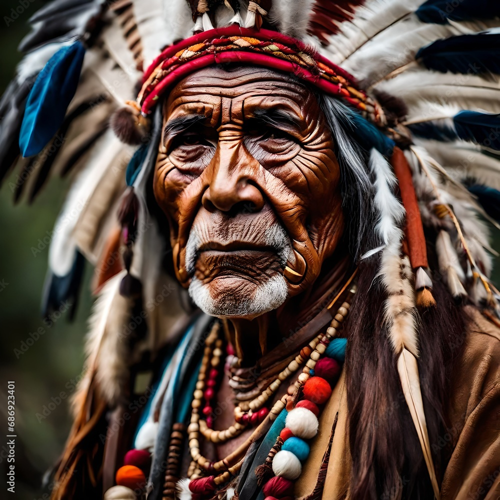 an Indian Native American elder chief with traditional  head dress