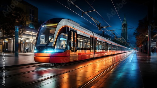 Nighttime Commute: Tram Gliding Through City Downtown at Night