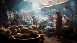 Enchanting Morning Market in Arabia Blanketed by Mystical Fog, a Harmony of Buying and Selling Cultures