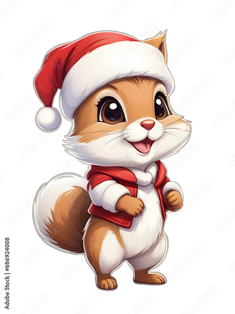 Cute baby squirrel in santa hat, costume, animal New year Christmas Sticker. Generative Ai Cute baby squirrel in santa hat, costume, animal New year Christmas Sticker. Generative Ai