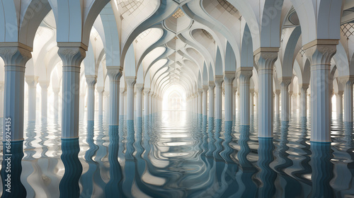 Majestic Mosque Reflecting Muslim Serenity in Clear Waters, Bringing Spiritual Harmony