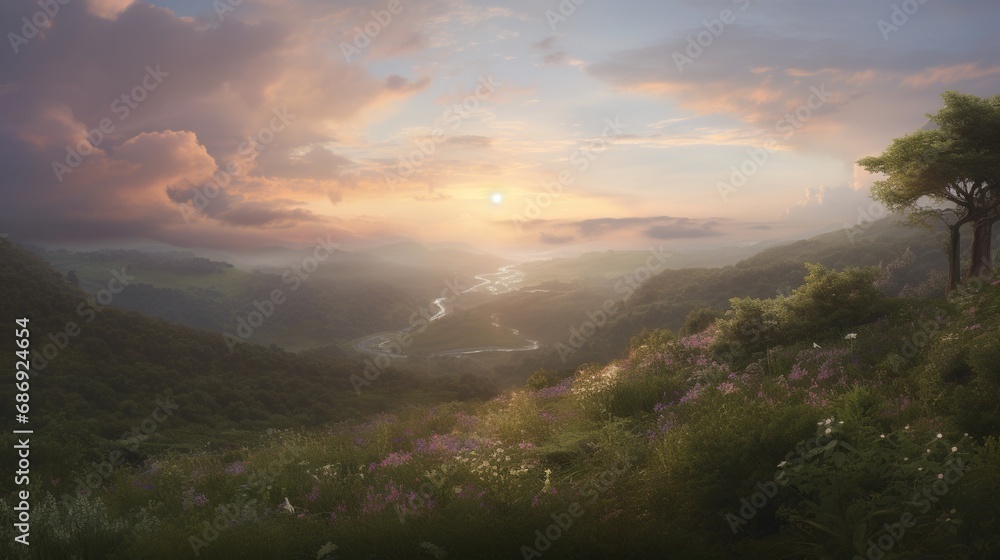 Utopian Horizon: Pastel Sunset Over Lush Rolling Hills