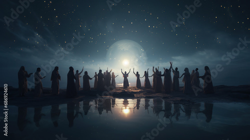 Mystical Moonlight Serenade, Pilgrims Finding Spiritual Harmony in the Enchanting Arabic Desert Night, Practicing Ancient Rituals for Inner Peace and Transcendence