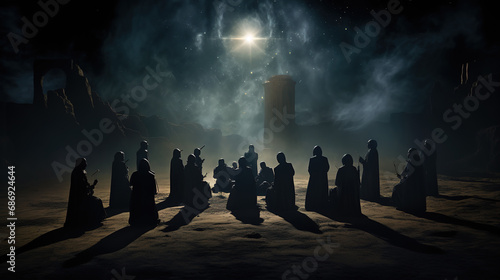 Mystical Moonlight Serenade, Pilgrims Finding Spiritual Harmony in the Enchanting Arabic Desert Night, Practicing Ancient Rituals for Inner Peace and Transcendence