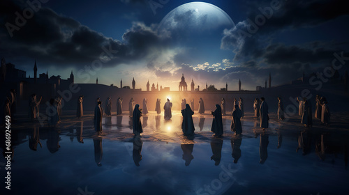 Mystical Moonlight Serenade, Pilgrims Finding Spiritual Harmony in the Enchanting Arabic Desert Night, Practicing Ancient Rituals for Inner Peace and Transcendence © Magenta Dream