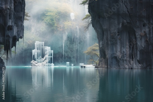 Utopian Oasis  Serene Waterfall and Crystal Clear Lake