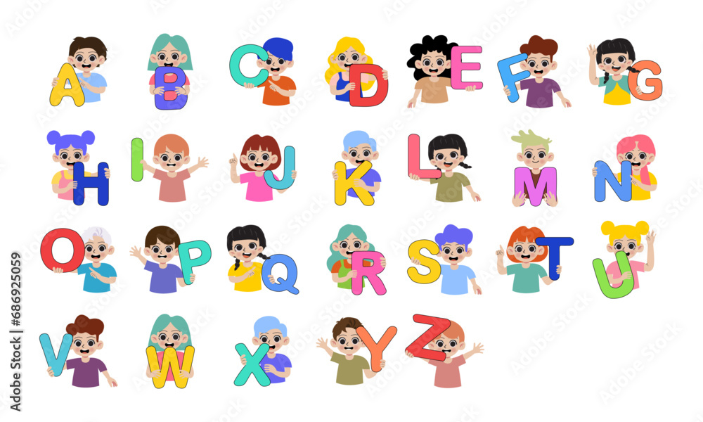 Obraz premium Vector kids holding alphabet full set bundle
