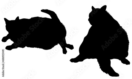 Set of two black fat cats vector illustrations - silhouettes of the fat cats isolated on white background-2匹の太った黒猫のベクター素材	
