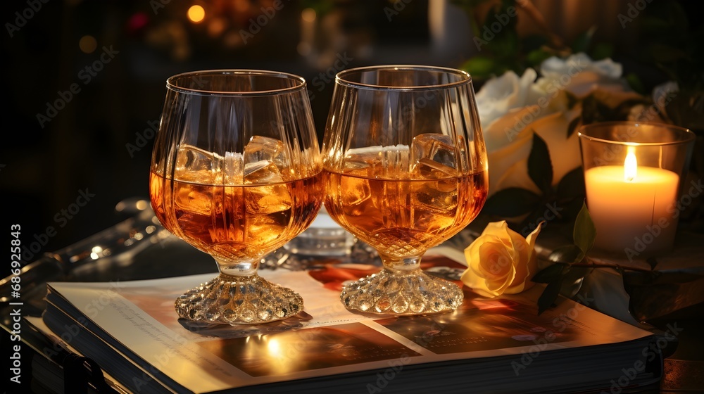 Celebratory Elegance: Glasses with Drinks and Roses for a Festive Toast