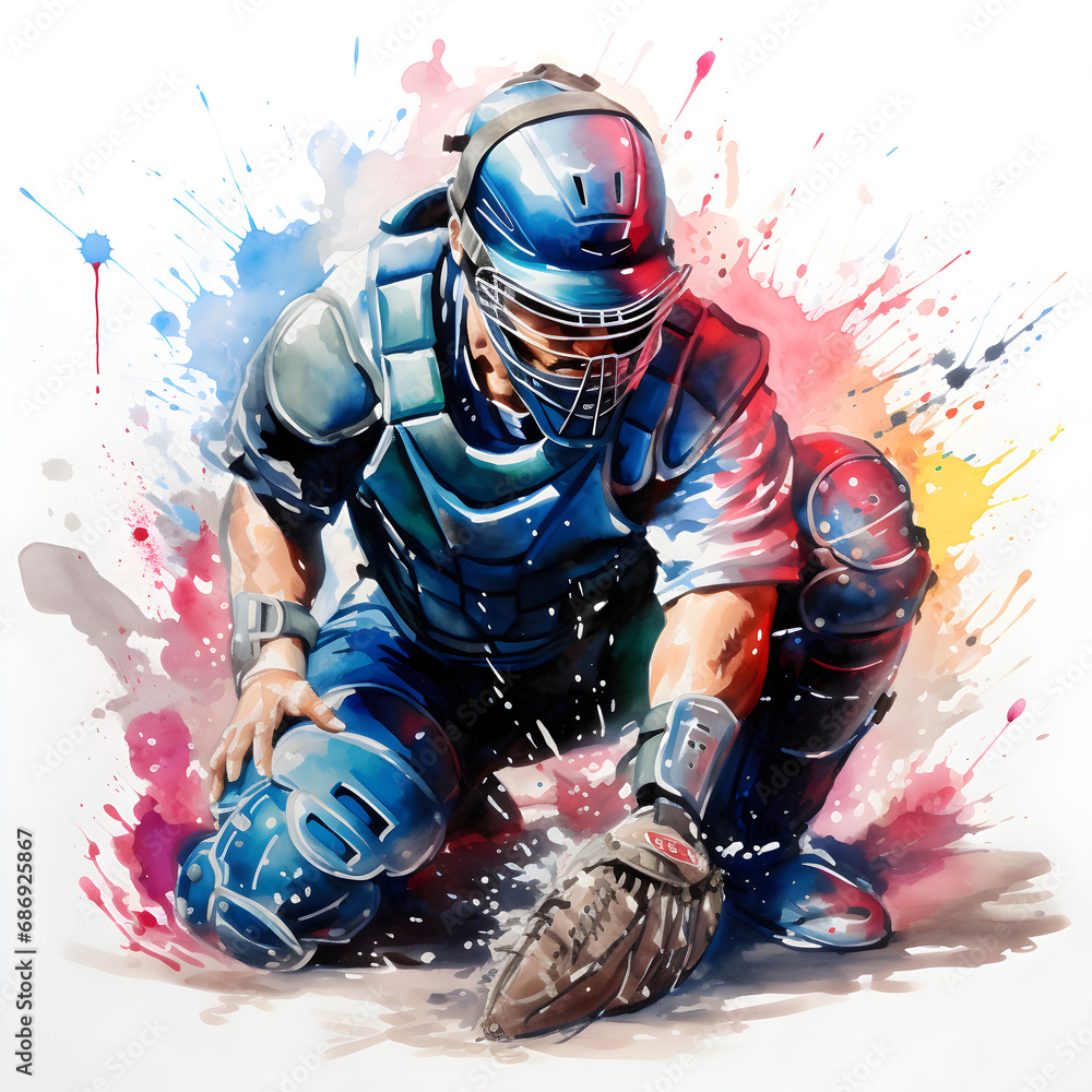 Baseball catcher colorful watercolor painting - obrazy, fototapety, plakaty 