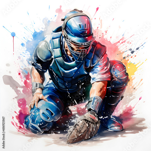 Baseball catcher colorful watercolor painting photo