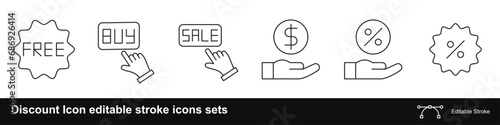 Discount Icon Set with free, buy, percentage, sale editable stroke icons sets