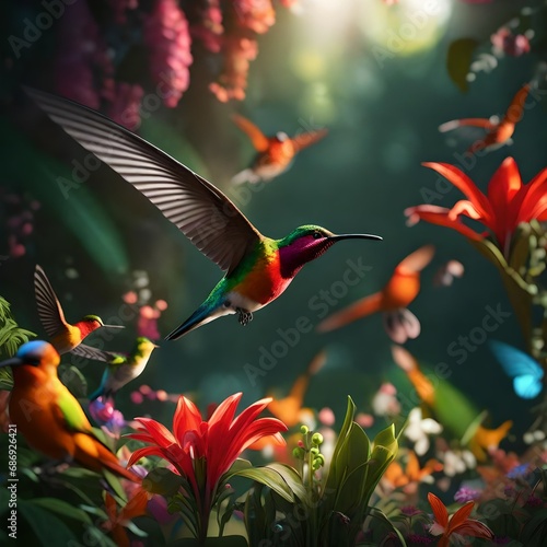 hummingbird in flight over the red flowers