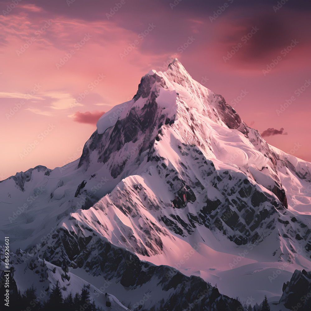 a snowy mountain peak at sunrise with a soft, pink glow