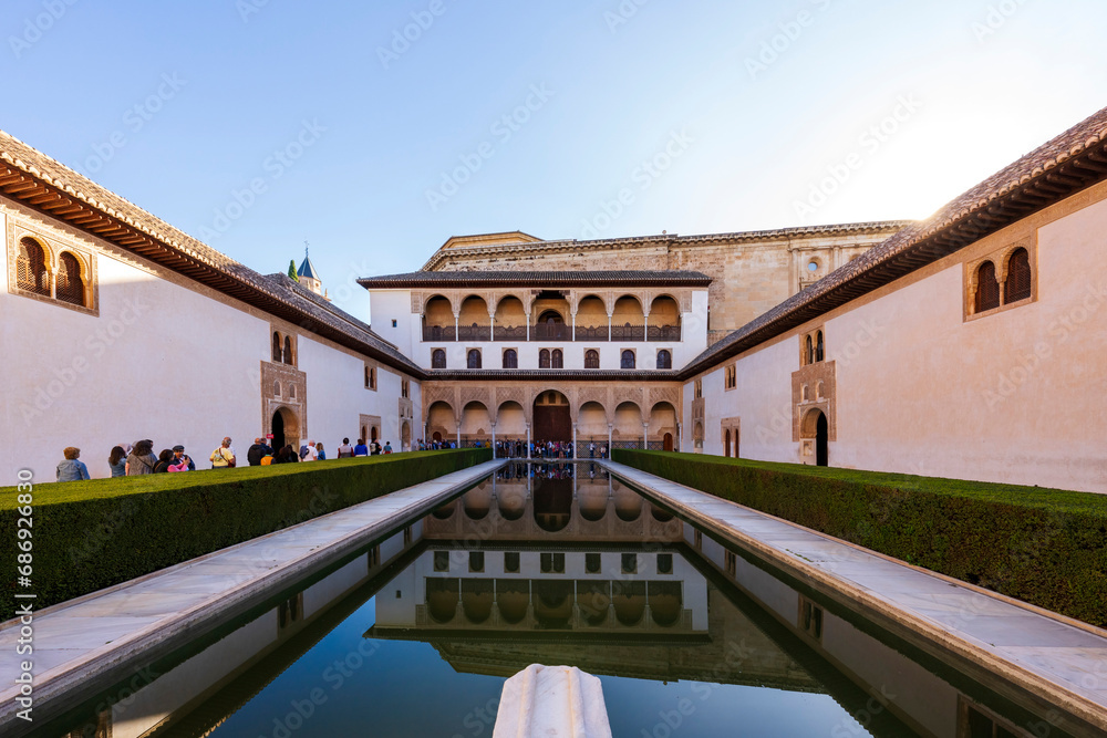 Court of the Myrtles in Alhambra. Alhambra is a Moorish Palace complex in Granada, Spain, a world heritage site
