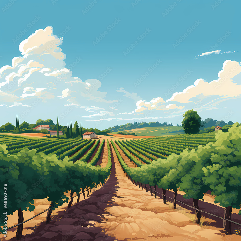 a peaceful vineyard with rows of grapevines and a clear sky