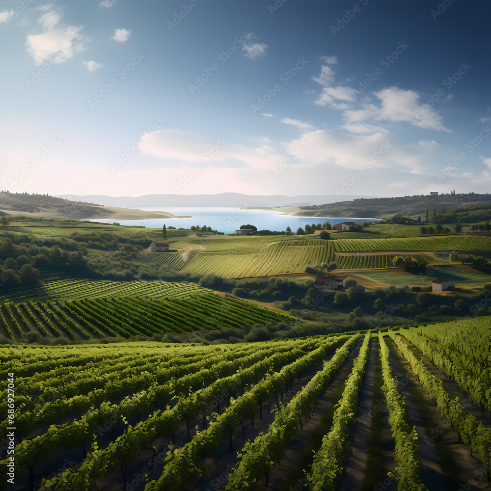 a peaceful vineyard with rows of grapevines and a clear sky