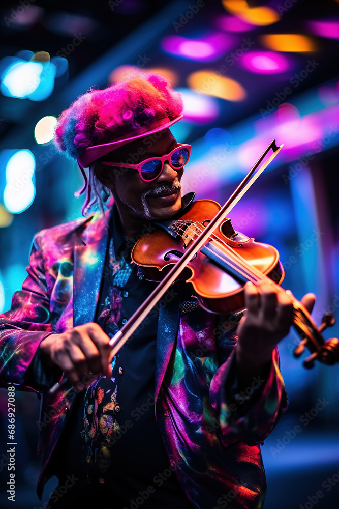 Fototapeta premium Man in a neon psychedelic outfit energetically playing the fiddle or violin.