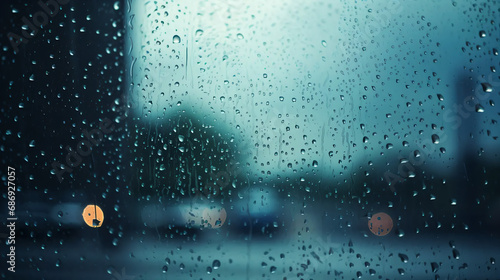 薄暗い時間帯に雨が窓に滴っているガラスのアップ、ライトのボケ