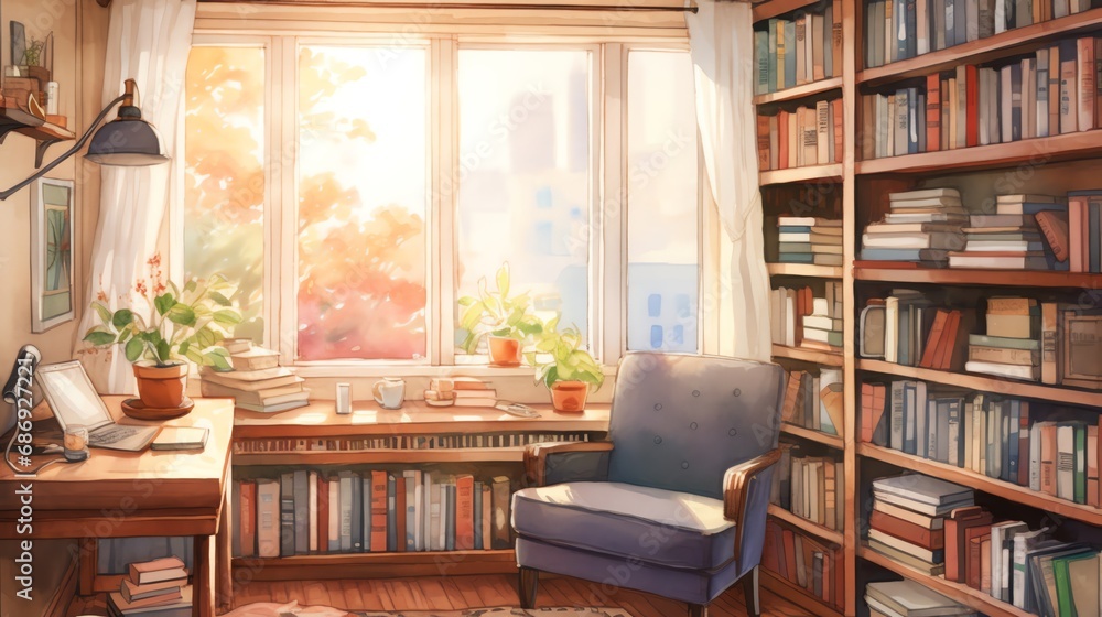 watercolor illustration of a cozy warm home office reading corner with a big window and bookshelf watercolor illustration of a cozy warm home office reading corner with a big window and bookshelf