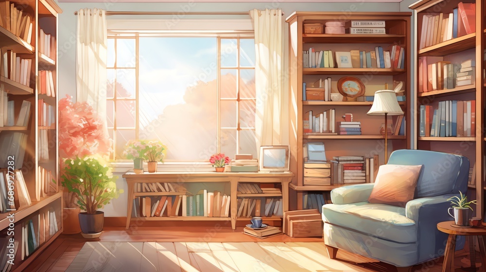 watercolor illustration of a cozy warm home office reading corner with a big window and bookshelf watercolor illustration of a cozy warm home office reading corner with a big window and bookshelf