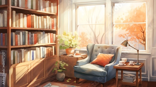 watercolor illustration of a cozy warm home office reading corner with a big window and bookshelf © fledermausstudio