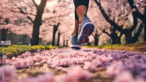 a jogger's feet in motion on a trail covered in spring blossoms, with the focus on the running shoes and the blurred floral path, symbolizing the energy of spring jogging