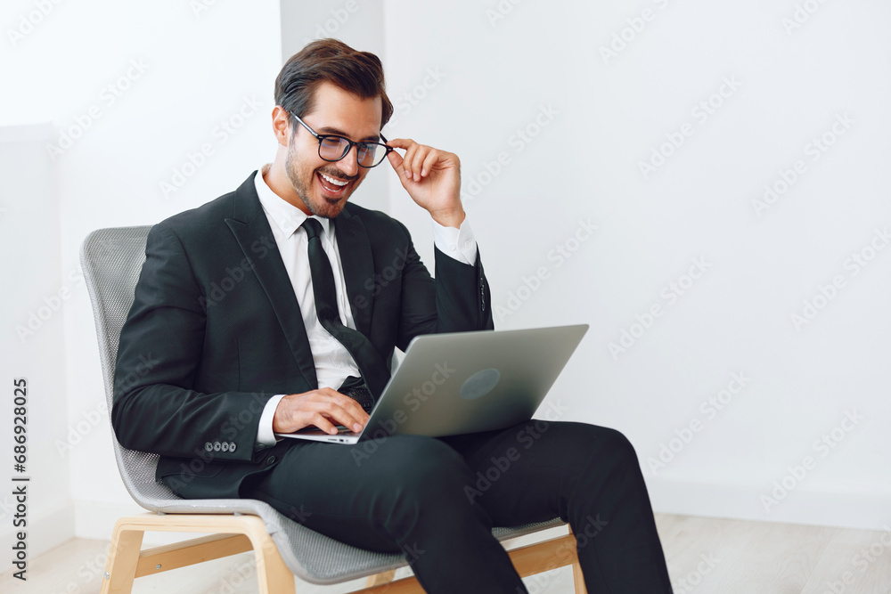Business man laptop winner happy office Business man laptop winner happy office