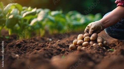 person planting potatoes in neatly arranged rows, with the focus on the hands and the soil-filled furrows, showcasing the organized approach to vegetable cultivation photo