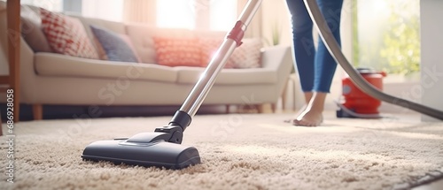 Defocused photo of a person vacuuming a carpeted floor, with the vacuum cleaner and the carpet in focus, illustrating the removal of dust and allergens during spring cleaning, 